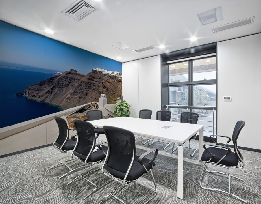 Santorini: Old boat white village and caldera view. Wall Printing