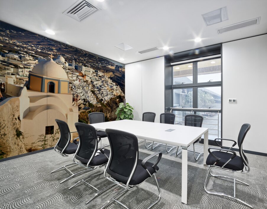 Iconic Santorini village and church overlooking caldera. Wall Printing