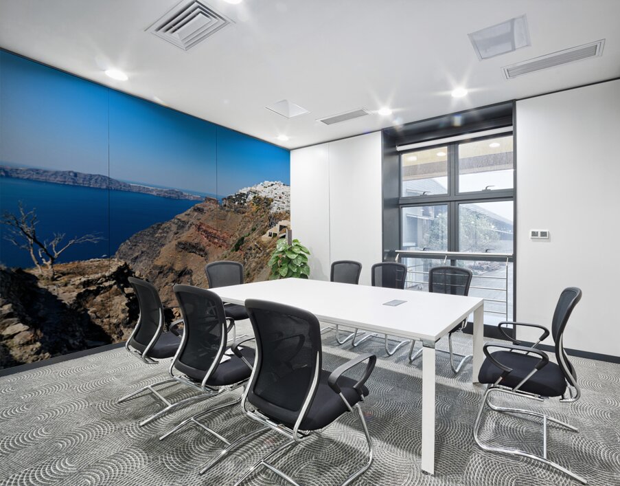 Picturesque Santorini: white village blue sea volcanic cliffs. Wall Printing