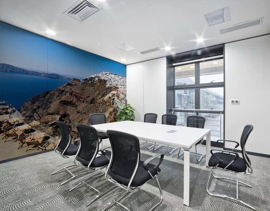 Santorinis white cliffside village and caldera view. Wall Printing