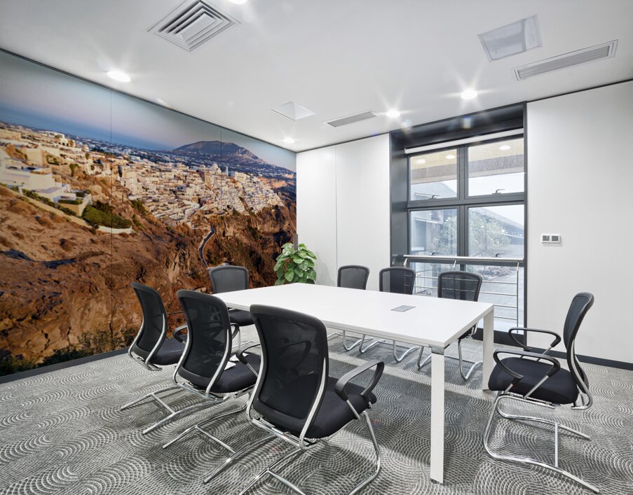 Santorinis Fira town on caldera cliff at sunset. Wall Printing