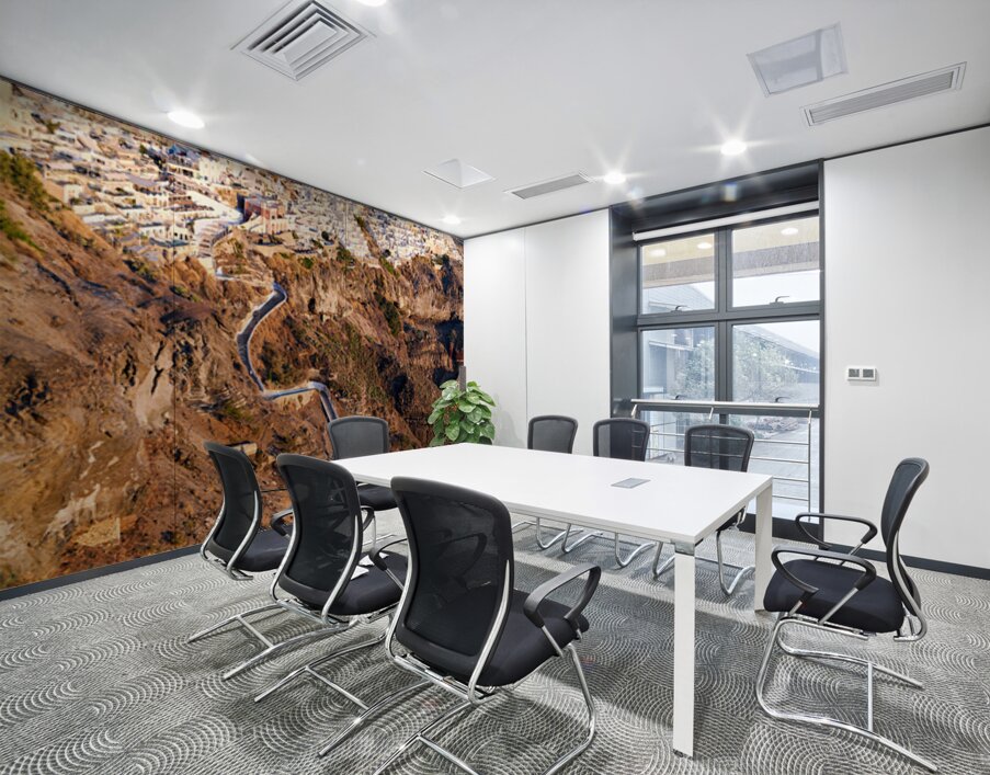 Picturesque Santorini cliffside town with winding path and vibra Wall Printing