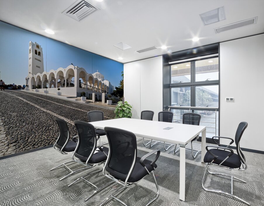 Beautiful white church and cobblestone street in sunny Santorini Wall Printing