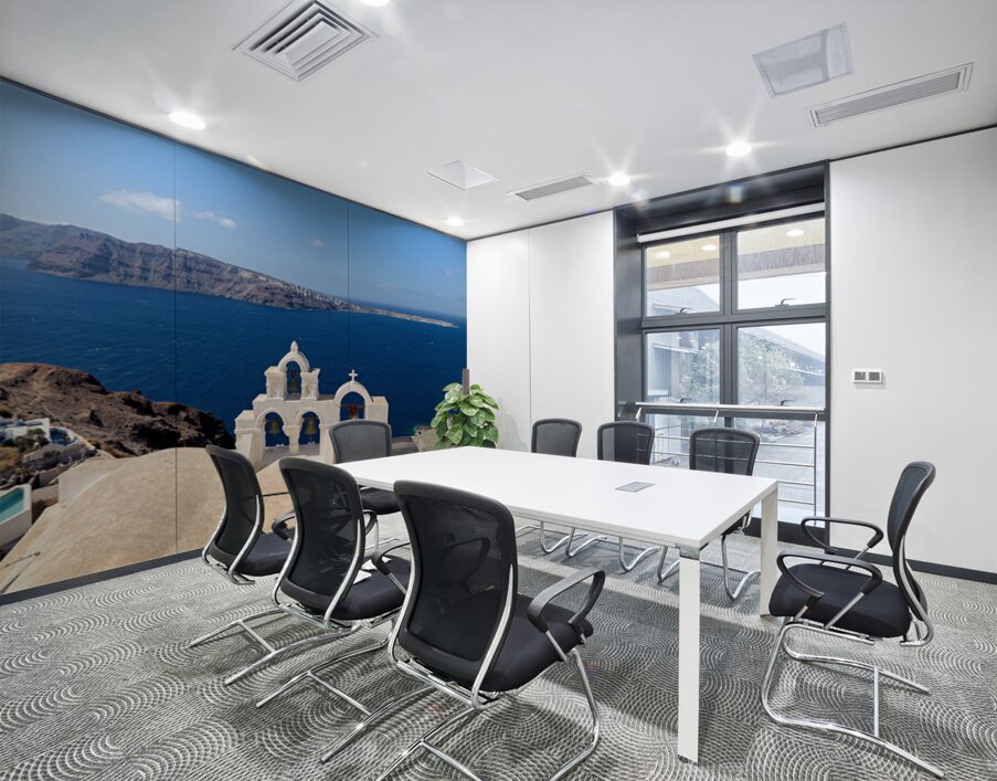 Iconic Santorini bell tower overlooking the caldera and Aegean S Wall Printing