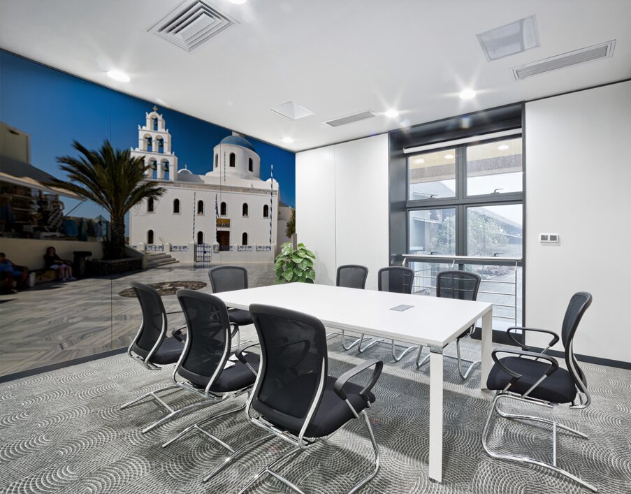 White Greek church with blue dome bell tower and marble courty Wall Printing