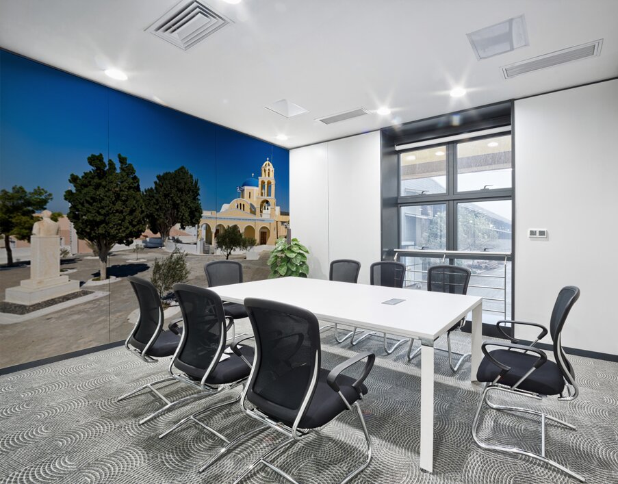 Traditional Greek church blue dome bell tower sunny day. Wall Printing