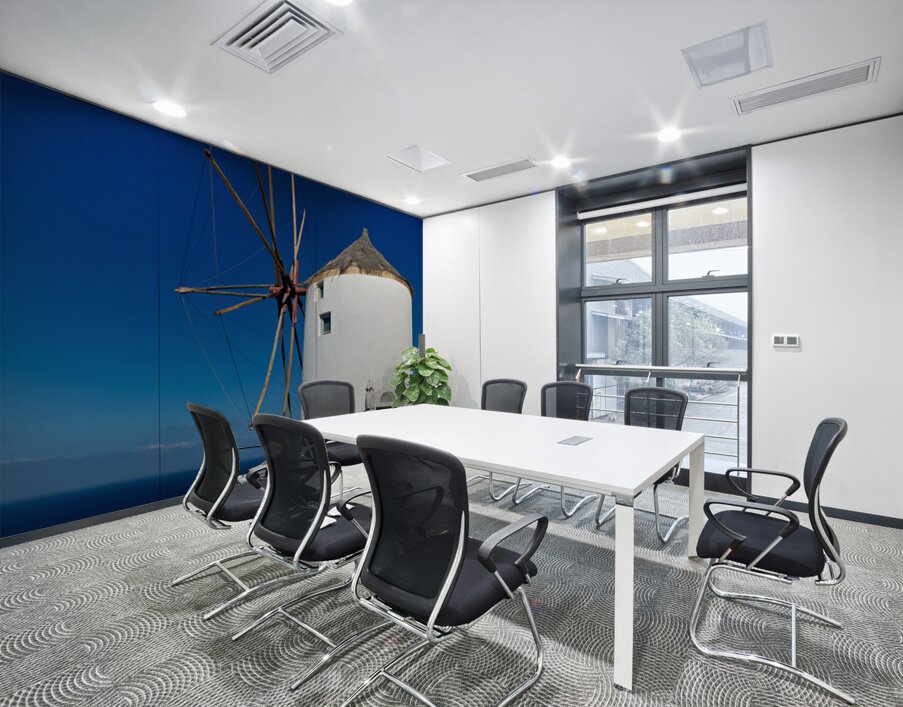 Santorini windmill and white architecture overlooking the blue s Wall Printing