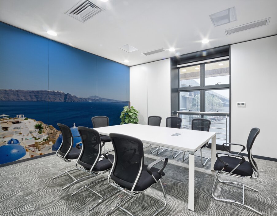 Iconic blue domes and white architecture of Santorini Greece. Wall Printing