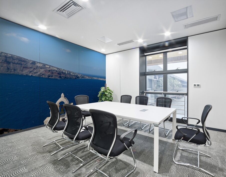 Santorini bell tower overlooking the Aegean Sea. Wall Printing