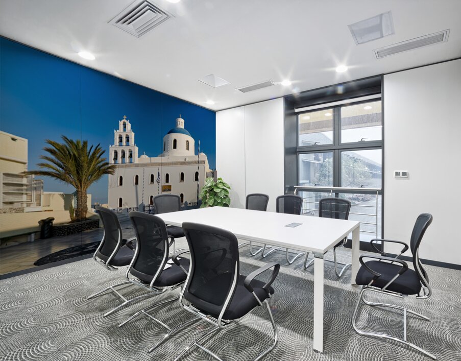 Beautiful white church blue dome palm tree clear sky. Wall Printing