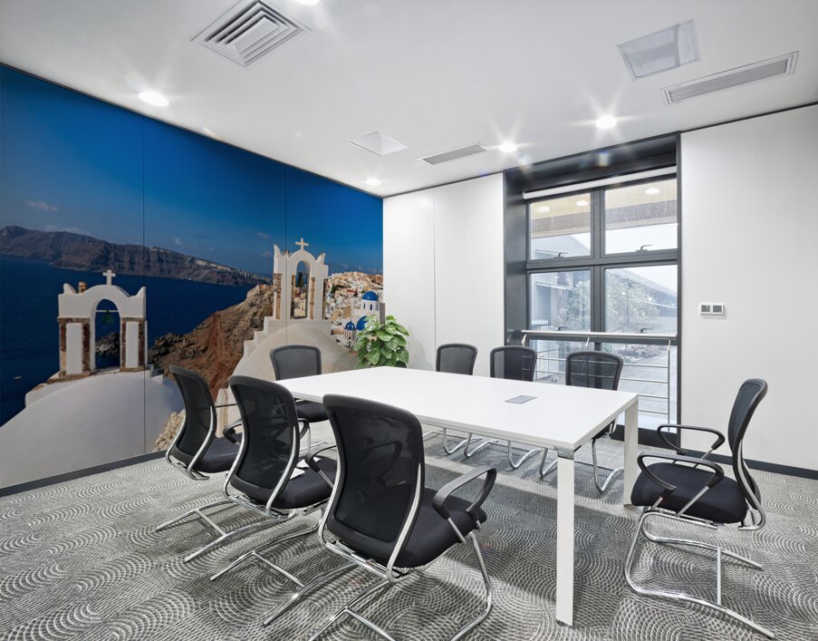 Santorinis iconic white churches blue domes and caldera view. Wall Printing