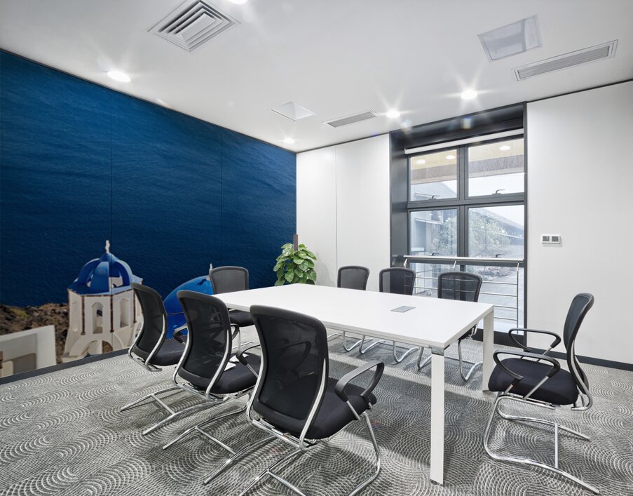 Santorinis blue domes and caldera view. Wall Printing