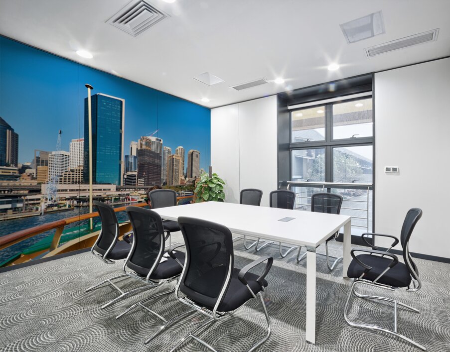 Ferry passengers enjoy city skyline view. Wall Printing