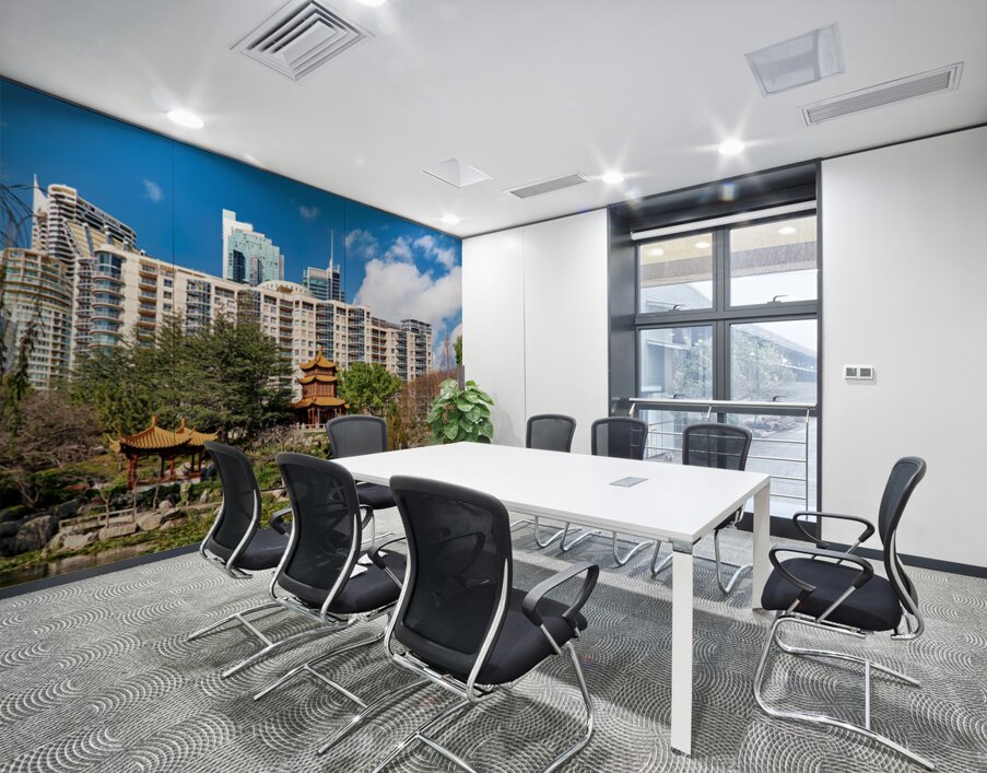 Chinese garden with pagodas and modern buildings Wall Printing