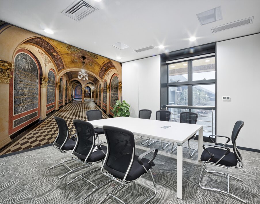 Historic church corridor with ornate arches and checkered floor. Wall Printing