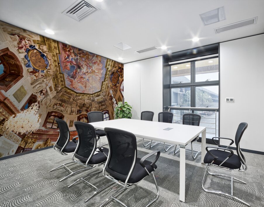 Grand baroque hall with elaborate ceiling fresco and crystal cha Wall Printing