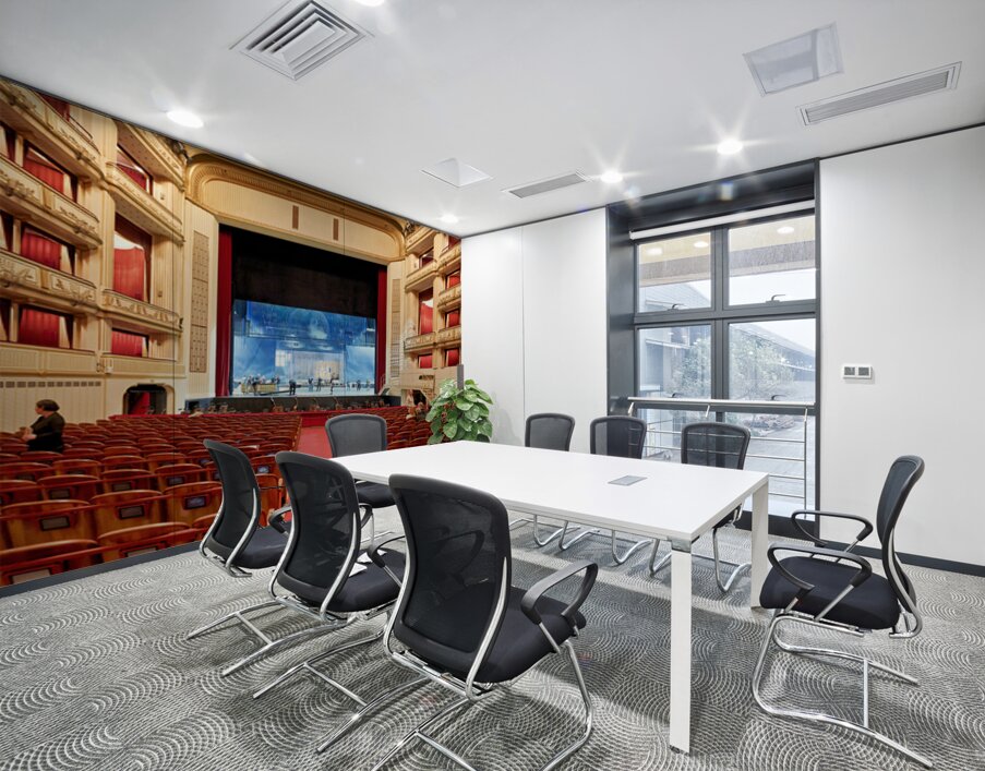 Ornate opera house interior with stage crew and audience. Wall Printing