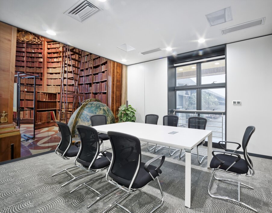 Historic library interior with globe books and rolling ladder. Wall Printing