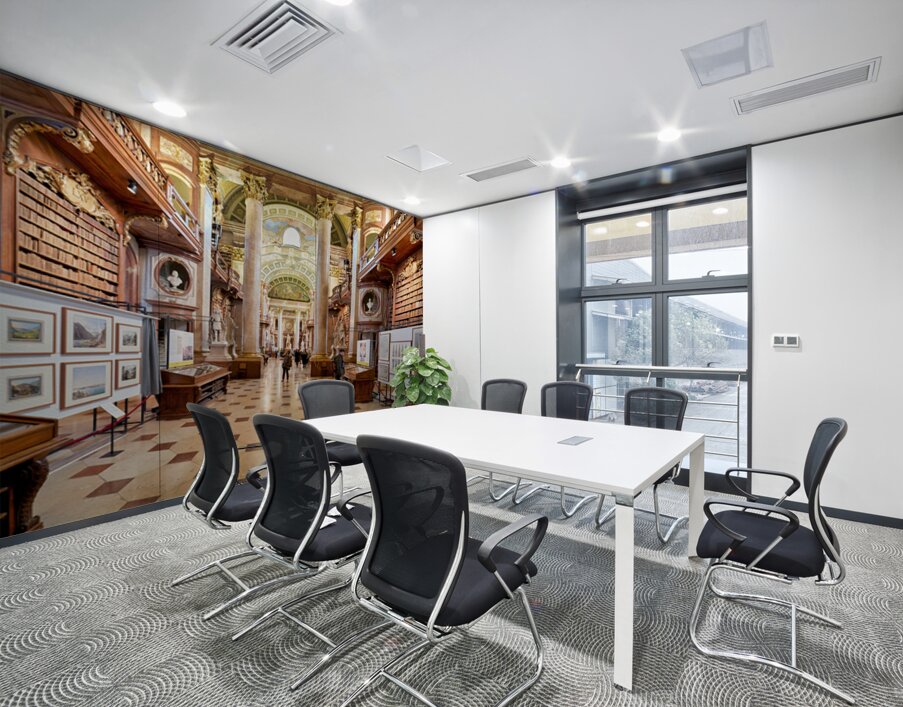 Grand ornate library interior with books columns and visitors Wall Printing