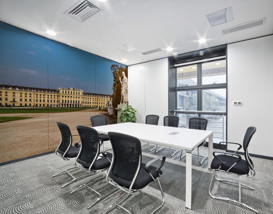 Schönbrunn Palace Vienna with statues and autumn trees. Wall Printing