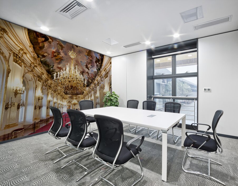 Ornate palace hall with chandeliers painted ceiling and red ca Wall Printing