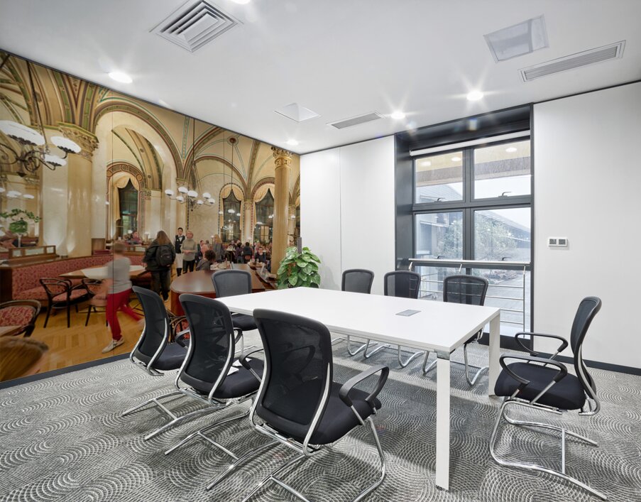 Ornate cafe interior bustling with people and a grand piano. Wall Printing