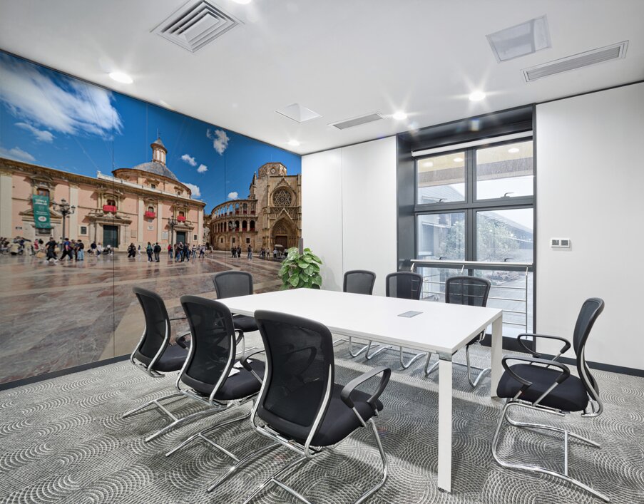 Valencia scene in Plaza de la Virgen with famous sites and peopl Wall Printing