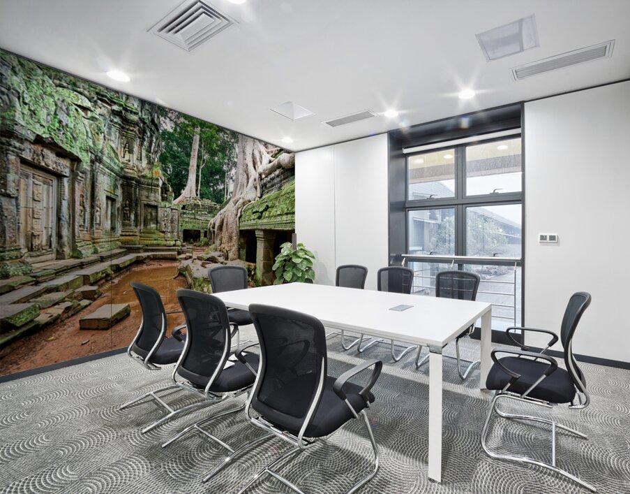 Ancient temple ruins consumed by giant tree roots and jungle. Wall Printing