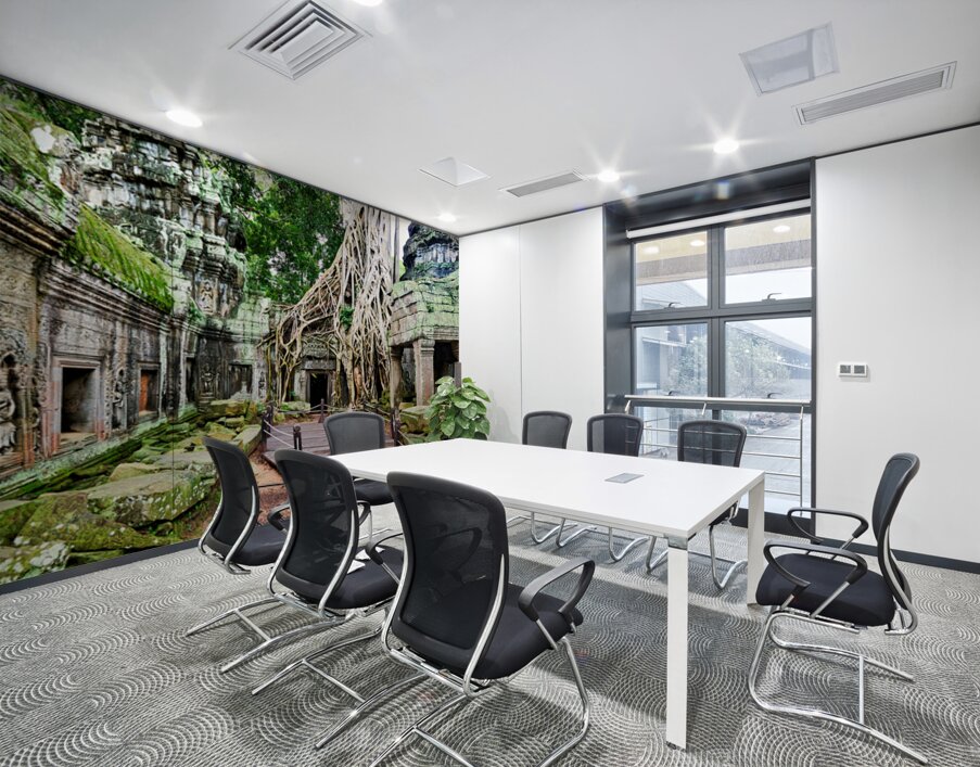 Massive tree roots engulf ancient temple ruins with moss. Wall Printing