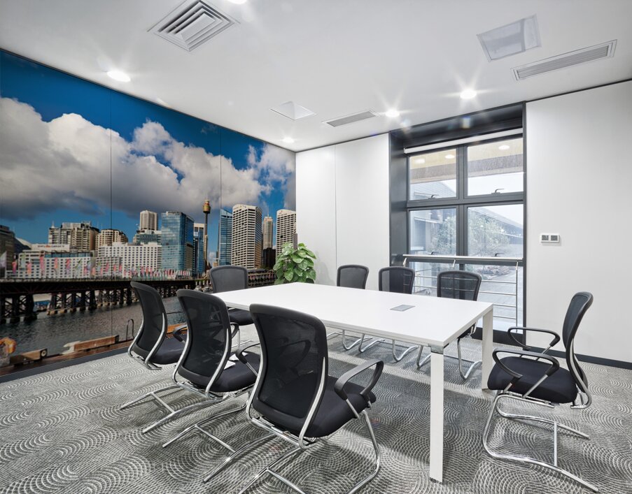 Sydney Harbour skyline with bridge and buildings under clouds. Wall Printing