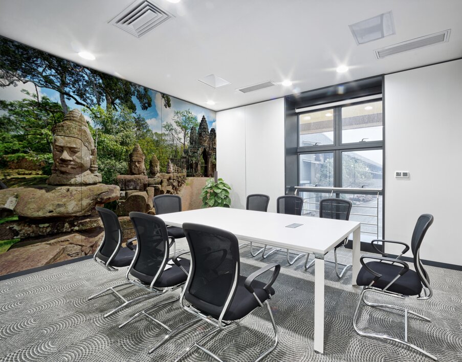 Ancient stone statues line path to Angkor Thom gate. Wall Printing