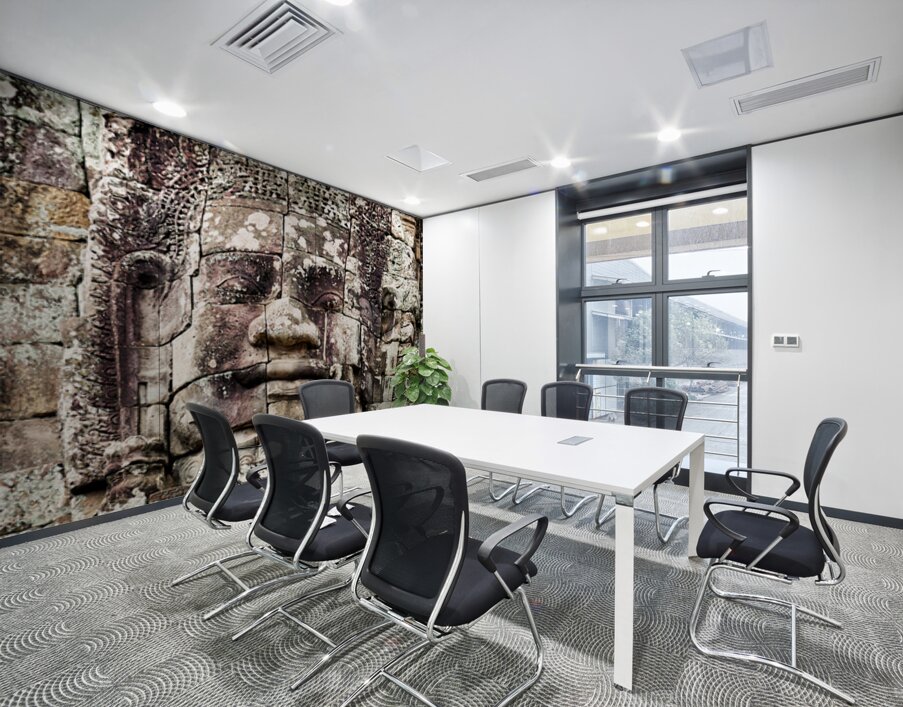 Ancient Khmer stone face Bayon temple. Wall Printing