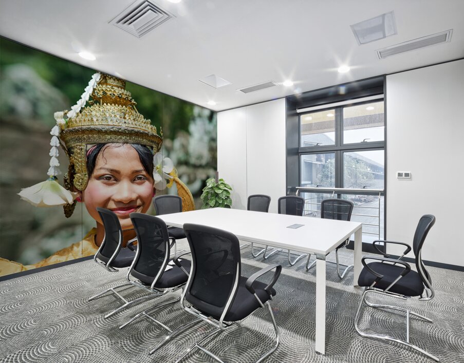 Smiling Cambodian dancer in traditional golden costume and crown Wall Printing