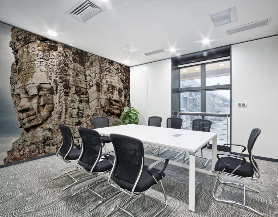 Ancient stone faces carved into Bayon Temple Cambodia. Wall Printing