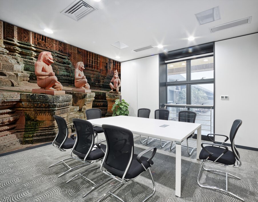 Ancient temple with guardian statues and ornate carvings. Wall Printing