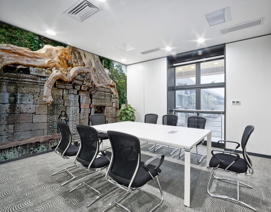 Tree roots engulf ancient temple ruins. Wall Printing