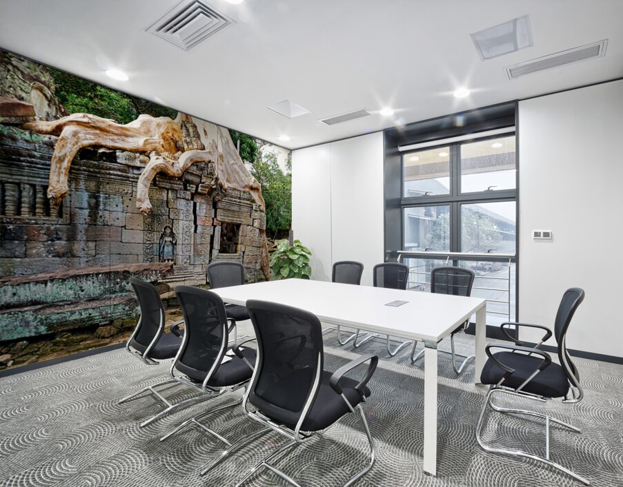 Massive tree roots engulf ancient stone temple ruins. Wall Printing