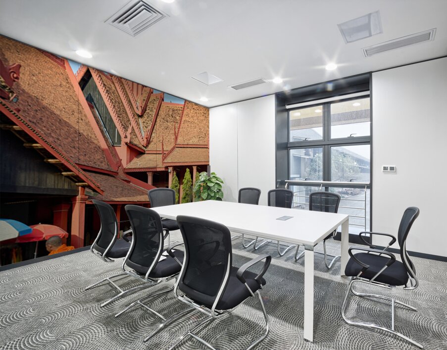 Monk walks through traditional Cambodian temple garden. Wall Printing