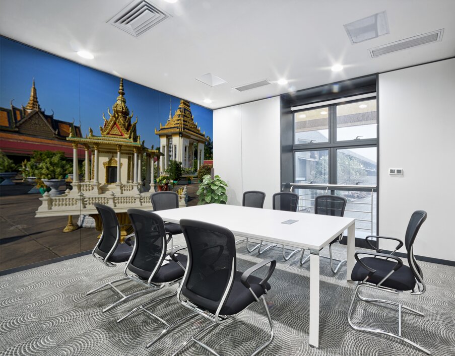Golden shrine and temple buildings in Cambodia under blue sky. Wall Printing