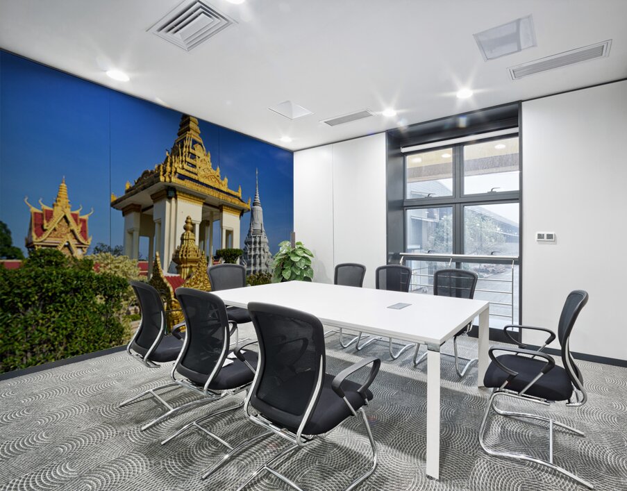 Golden temples and a grey stupa under a clear blue sky. Wall Printing