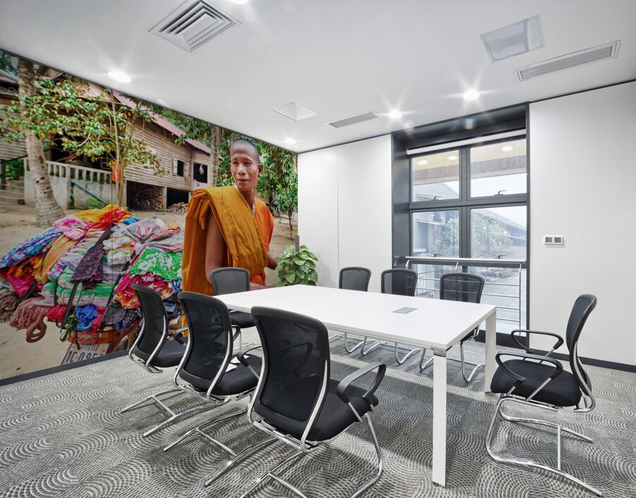 Monk with colorful textiles on a motorcycle. Wall Printing