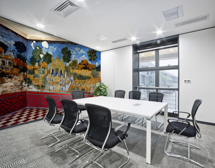 Vibrant aged mural depicting traditional temple scenes with peo Wall Printing