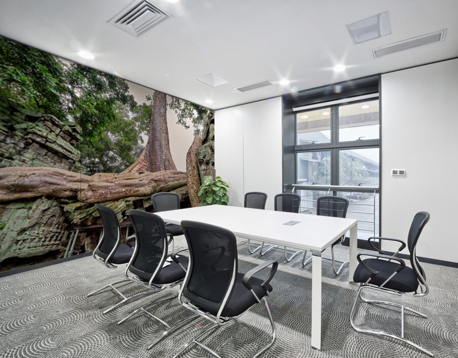 Giant tree roots engulf ancient temple ruins. Wall Printing