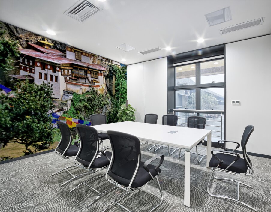 Iconic Bhutanese monastery on a cliff surrounded by prayer flag Wall Printing