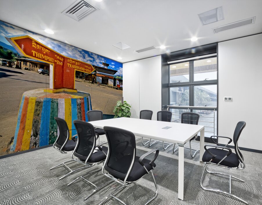 Colorful Bhutanese signpost directs to Thimphu and Trashigang. Wall Printing