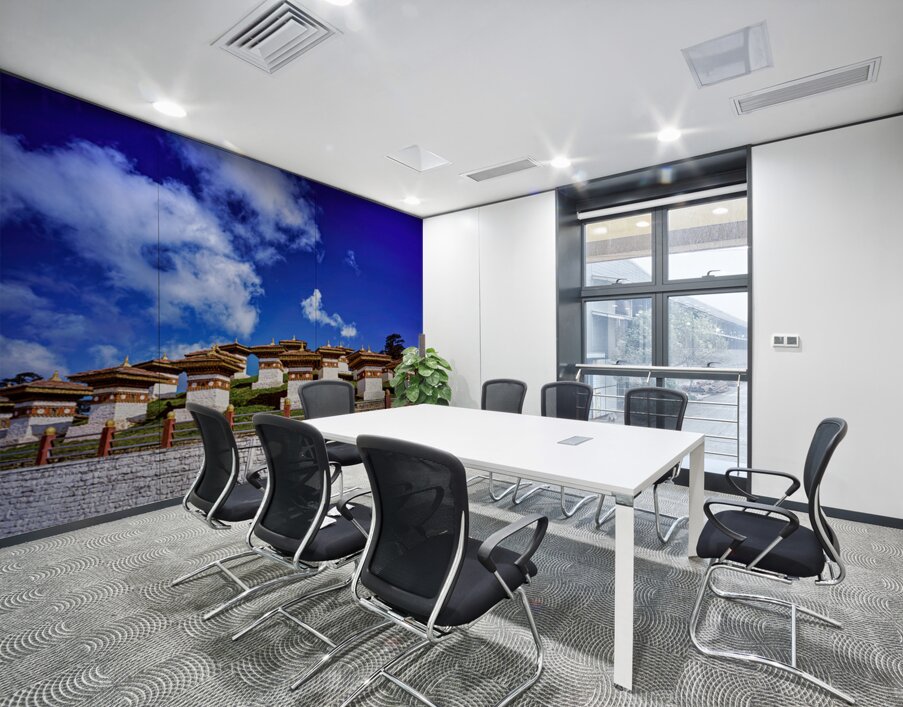Traditional Bhutanese chortens on a green hill blue sky. Wall Printing