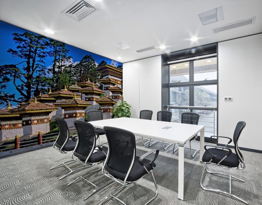 Druk Wangyal Chortens Bhutan with lush trees and blue sky. Wall Printing