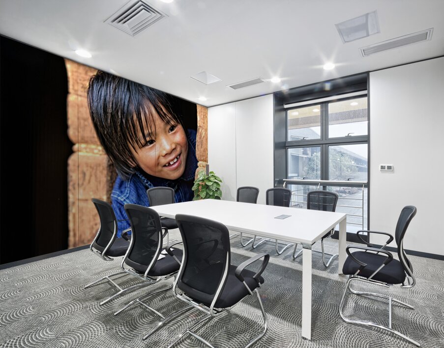 Smiling child peeking from a wooden window. Wall Printing