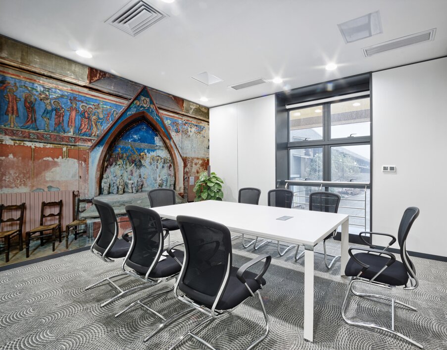 Old wall art and stone altar inside Saint Pierre le Jeune church Wall Printing