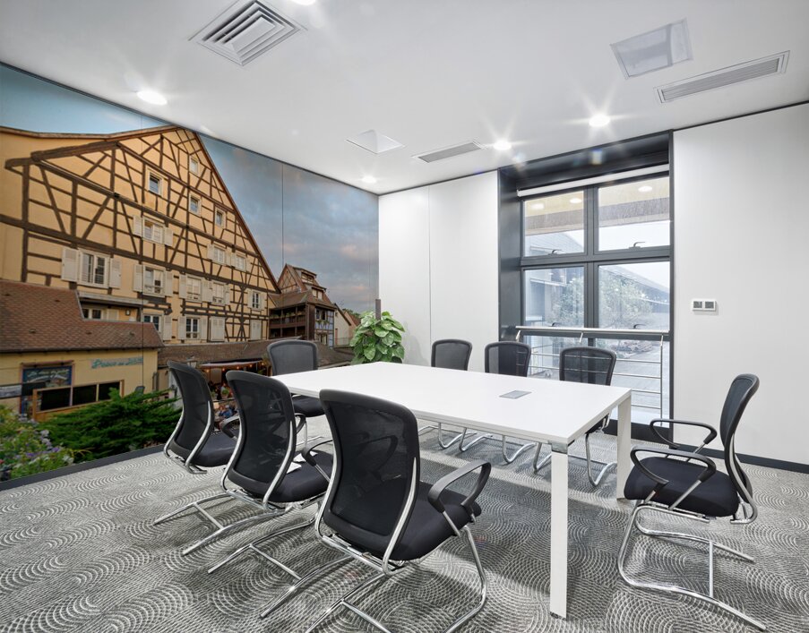 Dining by the canal in Colmar with timber framed houses in view Wall Printing